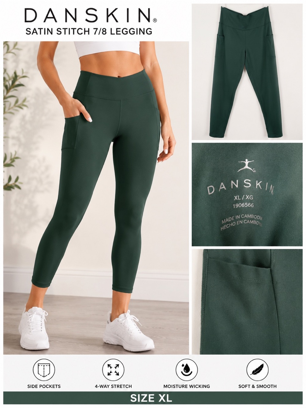 Danskin Satin Stitch 7/8 Leggings XL Evergreen Green High Rise NWT
